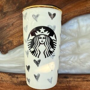 Starbucks Ceramic Tumbler with Black Hearts and Gold Rim